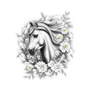 horse on a big flowerfield with a windmile tattoo design idea