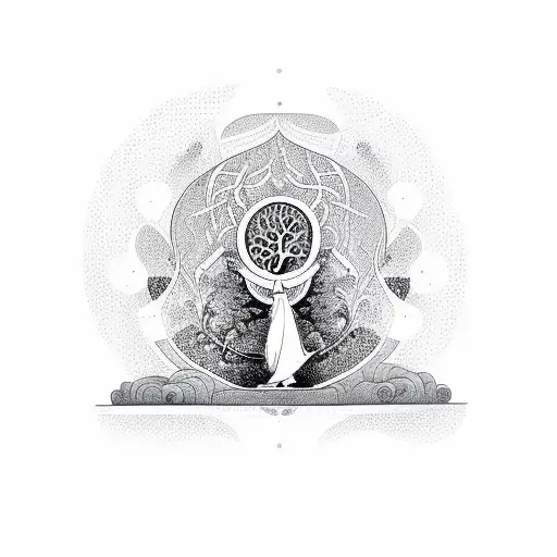 levitating budist monk with Tree of Life in the background tattoo design idea