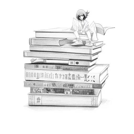 A stack of books with anime characters peeking out from between the pages tattoo design idea