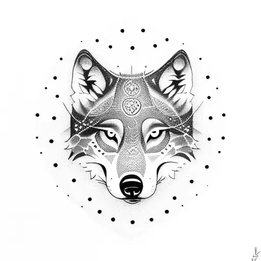 A dotwork tattoo of a majestic wolf surrounded by floating words that symbolize reflection tattoo design idea