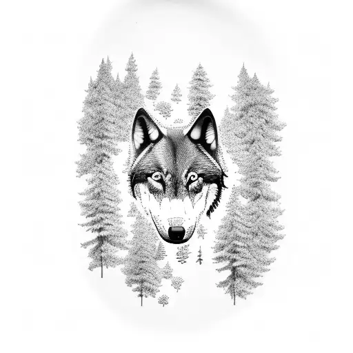 A silhouette of a wolf running through a forest with the word 'reflect' written in the trees tattoo design idea