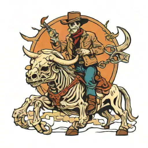 skeleton cowboy grabbing a bull by the horns tattoo design idea