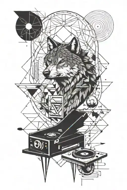 wolf, sea turtle, record player tattoo design idea