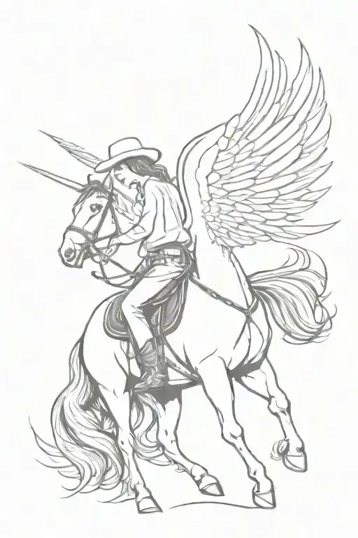 cowgirl riding horse with angel wings spread tattoo design idea
