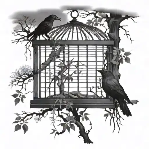 caged raven hanging from a tree with a prowling wolf in front of it tattoo design idea