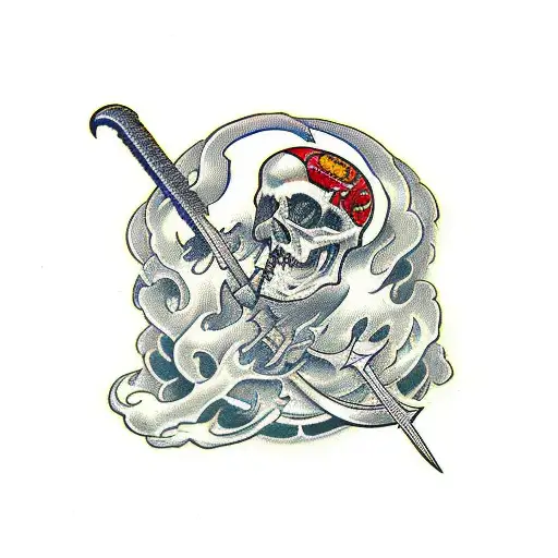 Death with a scythe cuts a dollar bill tattoo design idea