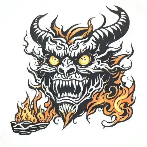 forest fire with flames and the smoke rising making a demon face   tattoo design idea