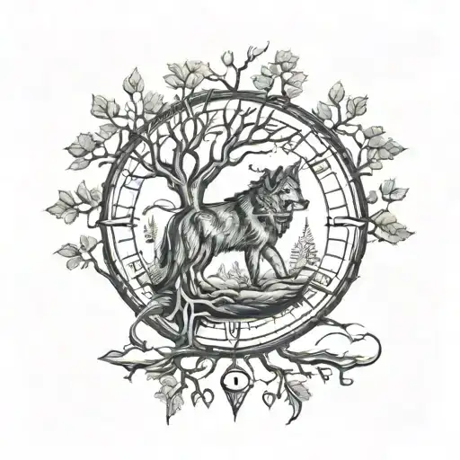 Tree tattoo that represents sticking to your roots, a wolf tattoo that represents strength and protection, a compass for tattoo design idea