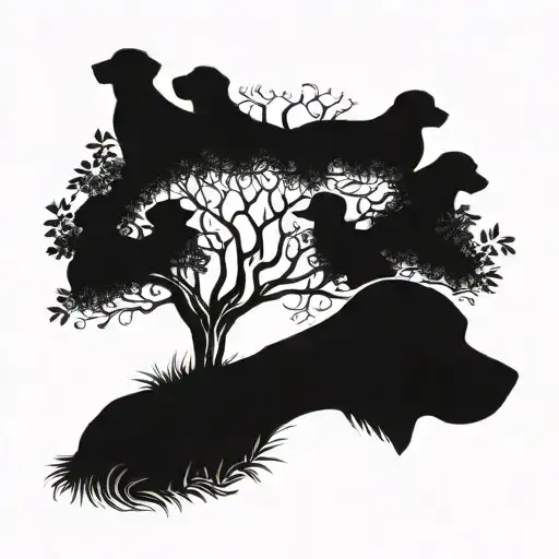 A blackwork tattoo of a family tree with each branch representing a member of your family, including your beloved black Labrador retriever at the base, symbolizing the importance of family and companionship in your life tattoo design idea