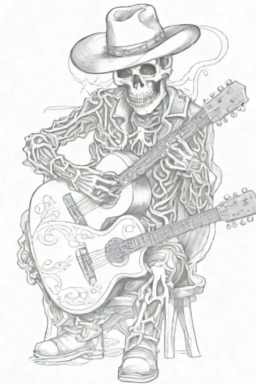 cowboy skeleton playing accoustic guitar tattoo design idea