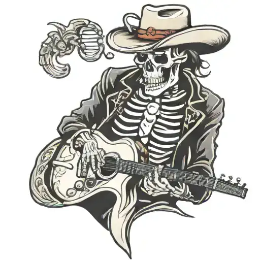 cowboy skeleton playing accoustic guitar  tattoo design idea