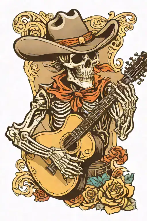 cowboy skeleton playing accoustic guitar  tattoo design idea
