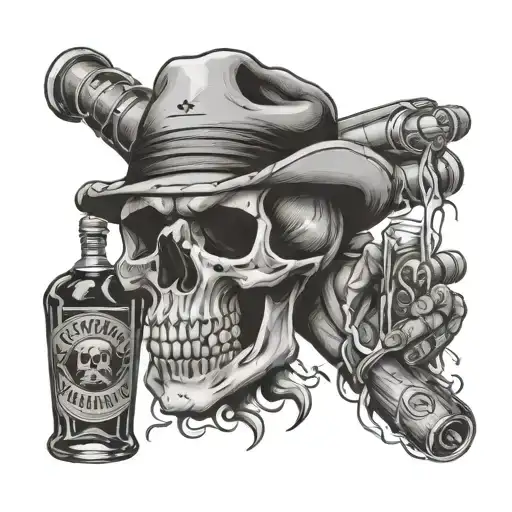 sobriety themed hand tattoo that has a skull and a bottle of whiskey  tattoo design idea