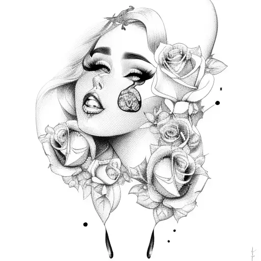 pinup girl in lingerie with roses in the back, nsfw, full body, beauty mark tattoo design idea