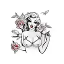 Sexy blonde pinup girl in lingerie, with red roses in the background, full body, nsfw tattoo design idea