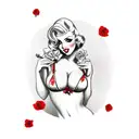 Sexy blonde pinup girl in lingerie, with red roses in the background, full body, nsfw tattoo design idea