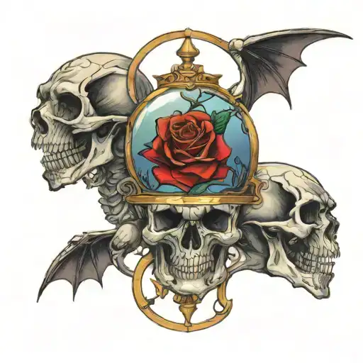 rose and skull inside hour glass with fire breathing dragon tattoo design idea