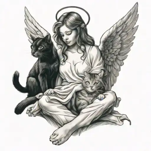 an angel and a cat with nice background tattoo design idea
