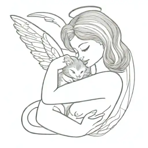a angel with a cat, tulle written above the cat and angel tattoo design idea