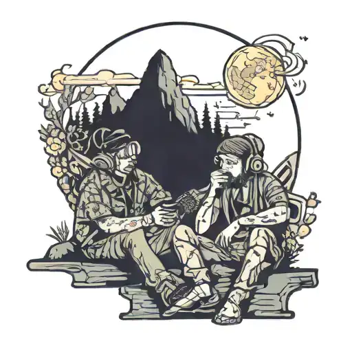 two best friends listening to music at full moon night on a small mountain tattoo design idea