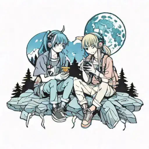 two best friends listening to music at full moon night on a small mountain tattoo design idea