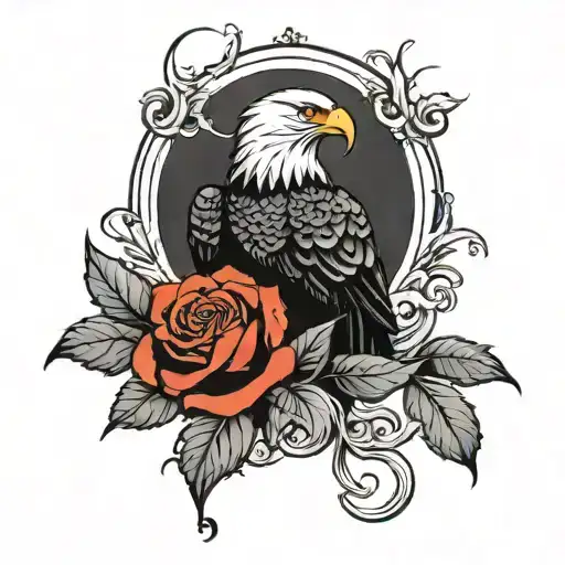 long stemmed single red rose with eagle perched tattoo design idea