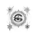 Abstract dotwork tattoo featuring a combination of Hansa and evil eye elements tattoo design idea