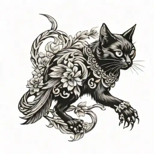 black cat with small raven tattoo design idea