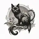 black cat with small raven perched tattoo design idea