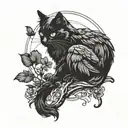 black cat with small raven perched tattoo design idea
