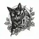 black cat with small raven perched tattoo design idea