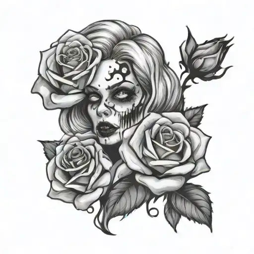 zombie face girl roses tattoo design idea