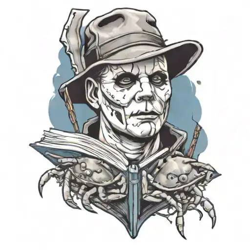Create a detailed black and grey portrait of Michael Myers holding a book, with blue crabs crawling around his feet as a nod to the client's favorite things tattoo design idea