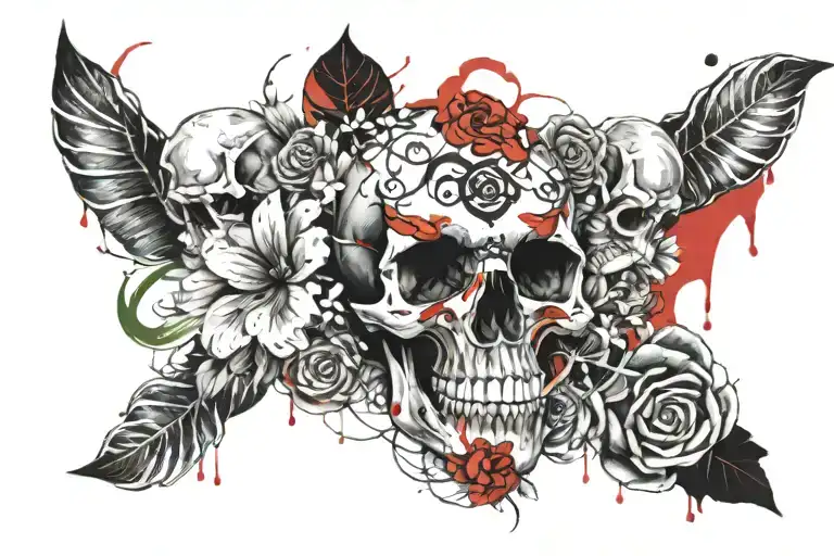 skull snake flowers tattoo design idea