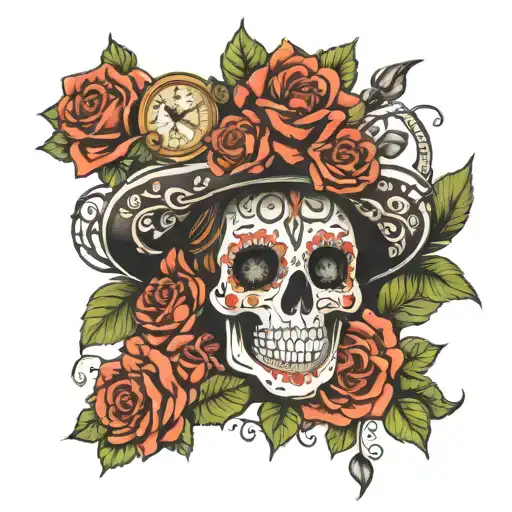 La catrina, rose, kompass, schadel, uhr tattoo design idea