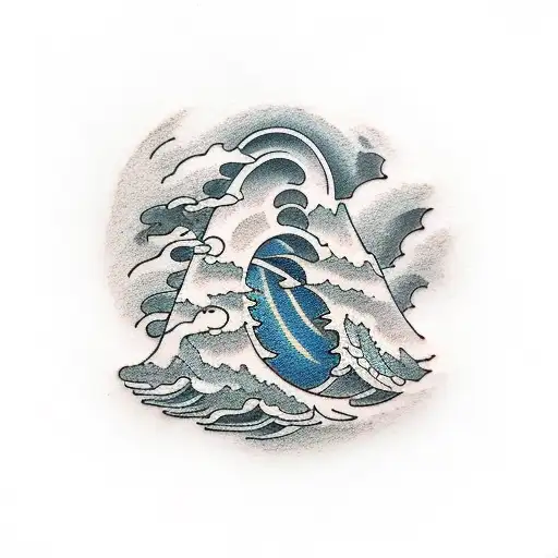 stack of perfect stones balanced in the middle of a raging storm with crashing waves tattoo design idea