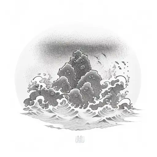 large stone rock standing firm against a raging storm of waves that eventually grow calm tattoo design idea