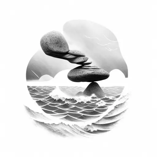 large stone rock standing firm against a raging storm of waves that eventually grow calm tattoo design idea