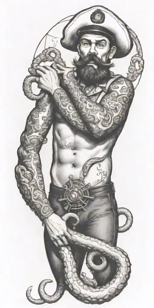 octupus with wrapped around gay pinup sailor pinup, Tom of finland, bearded, add anchor, compass, smoking a cigerette tattoo design idea