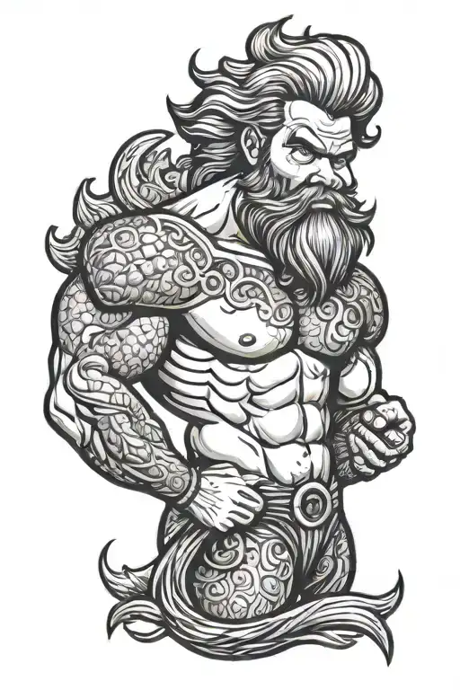 gay pinup merman with beard, muscle  tattoo design idea