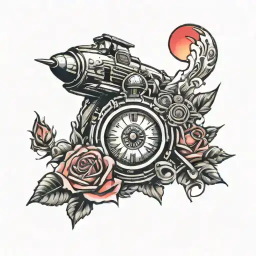 sunrise, bomb, time, space marine, red roses, many details tattoo design idea
