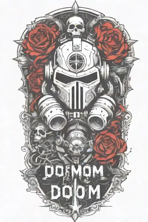 lettering below doom, cross on helmet tattoo design idea