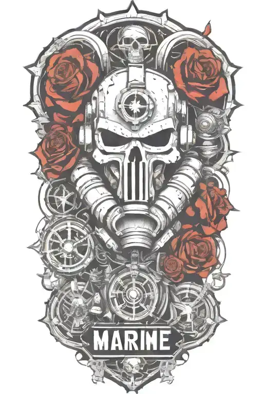 space marine warhammer 40k, doom slayer, roses, lettering doom wrist tattoo design idea