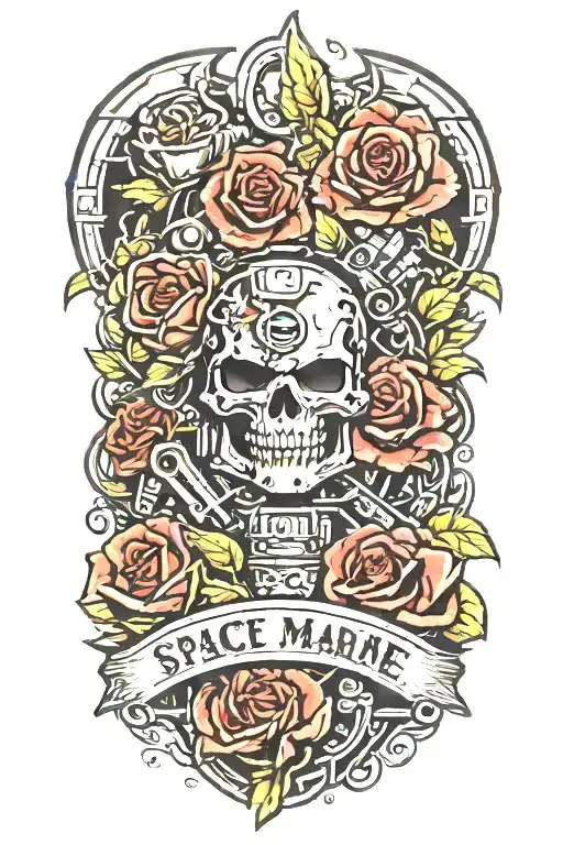 space marine warhammer 40k space marine doom slayer rose lettering tattoo design idea