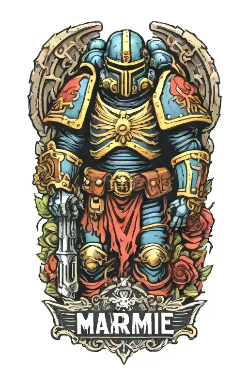 space marine warhammer 40k space marine doom slayer rosen schriftzug tattoo design idea