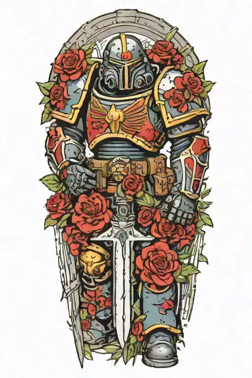 warhammer 40k space marine, lot of details, arround red flowers and more soldiers, doom slayer sword  tattoo design idea