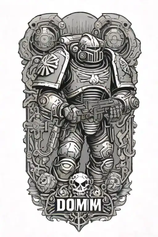 space marine warhammer 40k space marine doom slayer rosen schriftzug tattoo design idea