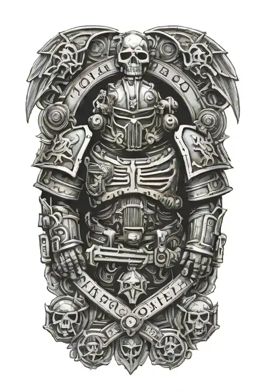 space marine warhammer 40k space marine doom slayer rosen schriftzug tattoo design idea
