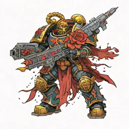 warhammer 40k space marine, lot of details, arround red flowers and more soldiers, doom slayer sword  tattoo design idea