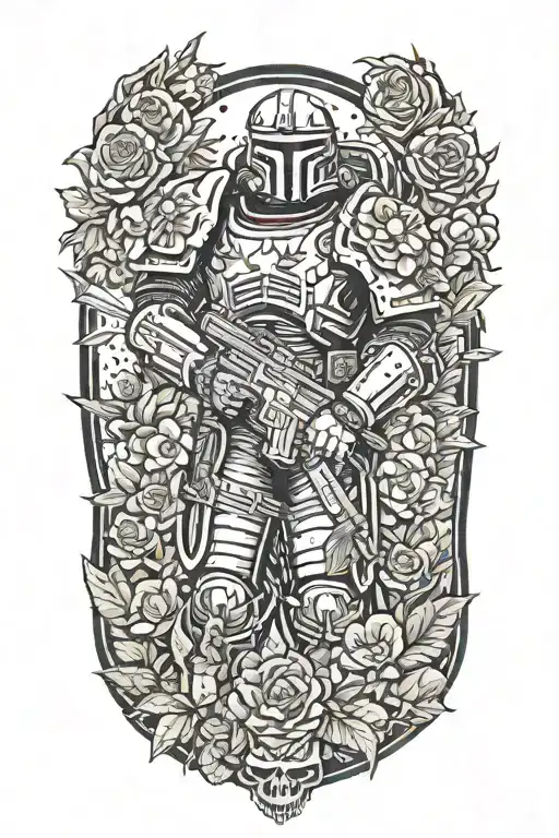 warhammer 40k space marine, lot of details, arround red flowers and more soldiers, doom slayer sword  tattoo design idea